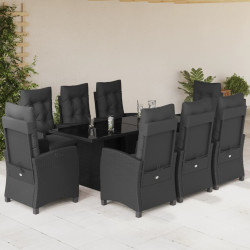 9 Pcs conjunto de jantar p/ jardim c/ almofadões vime PE preto