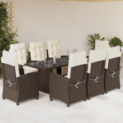 9 Pcs conjunto jantar p/ jardim c/ almofadões vime PE castanho
