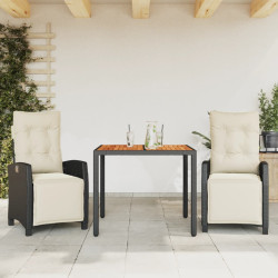 3 Pcs conjunto de jantar p/ jardim c/ almofadões vime PE preto