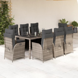 9 Pcs conjunto de jantar p/ jardim c/ almofadões vime PE cinza