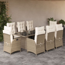 9 Pcs conjunto de jantar p/ jardim com almofadões vime PE bege