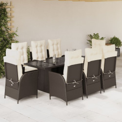 9 Pcs conjunto jantar p/ jardim c/ almofadões vime PE castanho