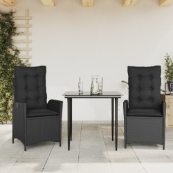 3 Pcs conjunto de jantar p/ jardim c/ almofadões vime PE preto