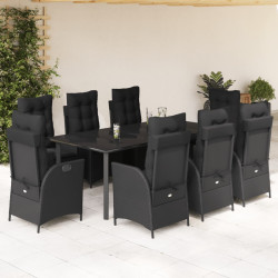 9 Pcs conjunto de jantar p/ jardim c/ almofadões vime PE preto