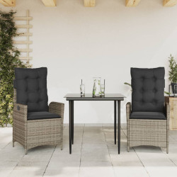 3 Pcs conjunto de jantar p/ jardim c/ almofadões vime PE cinza