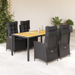 5 Pcs conjunto de jantar p/ jardim c/ almofadões vime PE preto