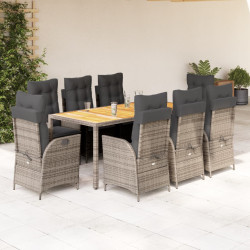 9 Pcs conjunto de jantar p/ jardim c/ almofadões vime PE cinza