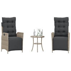 3 Pcs conjunto bistrô com almofadões vime PE cinzento claro