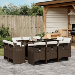 11 Pcs conjunto jantar p/ jardim c/ almofadões vime PE castanho