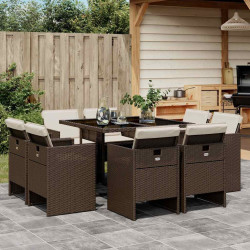9 Pcs conjunto jantar p/ jardim c/ almofadões vime PE castanho