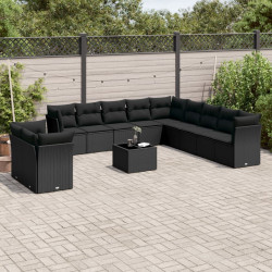 12 Pcs conjunto de sofás de jardim c/ almofadões vime PE preto