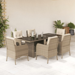 7 Pcs conjunto de jantar p/ jardim com almofadões vime PE bege