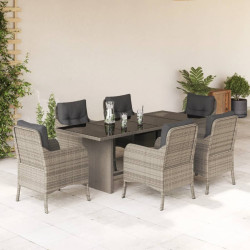 7 Pcs conj. jantar p/ jardim c/ almofadões vime PE cinza-claro