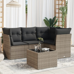 5 Pcs conjunto sofás de jardim c/ almofadões vime PE cinzento