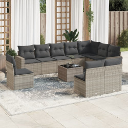 11 Pcs conjunto sofás de jardim c/ almofadões vime PE cinzento