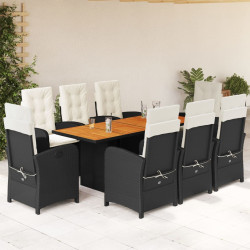 9 Pcs conjunto de jantar p/ jardim c/ almofadões vime PE preto
