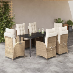 7 Pcs conjunto de jantar p/ jardim com almofadões vime PE bege