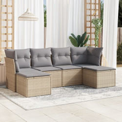 6 Pcs conjunto de sofás p/ jardim com almofadões vime PE bege