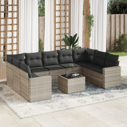 10 Pcs conj. sofás jardim com almofadões vime PE cinzento-claro