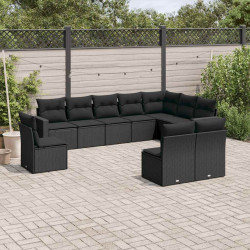 10 Pcs conjunto sofás de jardim c/ almofadões vime PE preto
