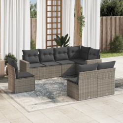 8 Pcs conjunto sofás de jardim c/ almofadões vime PE cinzento
