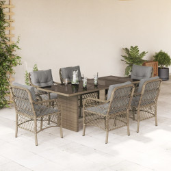 7 Pcs conj. jantar jardim c/ almofadões vime PE bege misturado