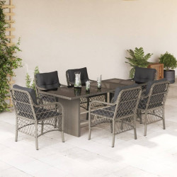 7 Pcs conj. jantar p/ jardim c/ almofadões vime PE cinza-claro