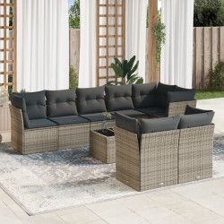 9 Pcs conjunto sofás p/ jardim com almofadões vime PE cinzento