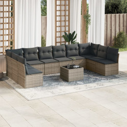 11 Pcs conjunto sofás de jardim c/ almofadões vime PE cinzento