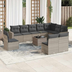 11 Pcs conjunto sofás de jardim c/ almofadões vime PE cinzento