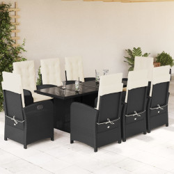 9 Pcs conjunto de jantar p/ jardim c/ almofadões vime PE preto