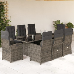 9 Pcs conjunto de jantar p/ jardim c/ almofadões vime PE cinza