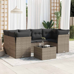 7 Pcs conjunto sofás p/ jardim c/ almofadões vime PE cinzento