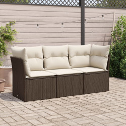 3 Pcs conjunto sofás de jardim com almofadões vime PE castanho