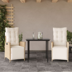 3 Pcs conjunto de jantar p/ jardim com almofadões vime PE bege