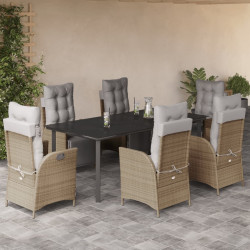 7 Pcs conj. jantar jardim c/ almofadões vime PE bege misturado