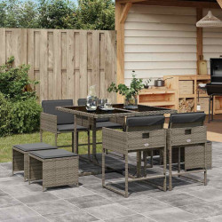 9 Pcs conjunto de jantar p/ jardim c/ almofadões vime PE cinza