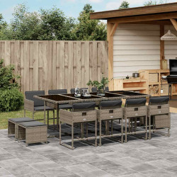 13 Pcs conjunto jantar p/ jardim c/ almofadões vime PE cinzento