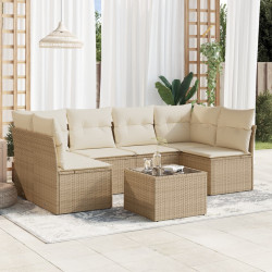 7 Pcs conjunto de sofás p/ jardim com almofadões vime PE bege