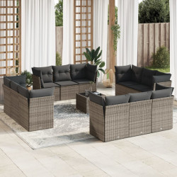 13 Pcs conjunto sofás p/ jardim c/ almofadões vime PE cinzento