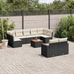 10 Pcs conjunto sofás de jardim c/ almofadões vime PE preto