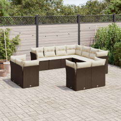 11 Pcs conjunto sofás de jardim c/ almofadões vime PE castanho