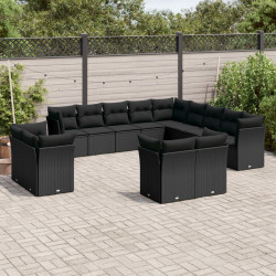 13 Pcs conjunto de sofás de jardim com almofadões vime PE preto