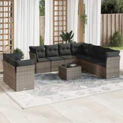 10 Pcs conjunto sofás de jardim c/ almofadões vime PE cinzento