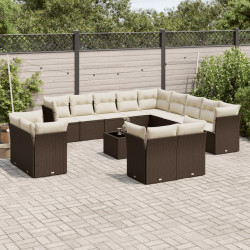 14 Pcs conjunto sofás p/ jardim c/ almofadões vime PE castanho