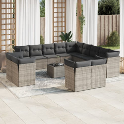 14 Pcs conjunto sofás p/ jardim c/ almofadões vime PE cinzento
