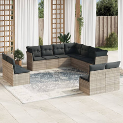 11 Pcs conjunto sofás de jardim c/ almofadões vime PE cinzento