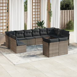 12 Pcs conjunto de sofás jardim c/ almofadões vime PE cinzento