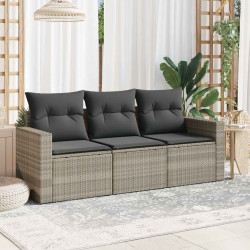 3 Pcs conj. sofás jardim c/ almofadões vime PE cinzento-claro
