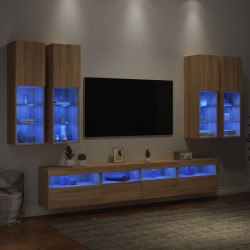 7 Pcs conj. móveis de parede p/ TV c/ luzes LED carvalho sonoma